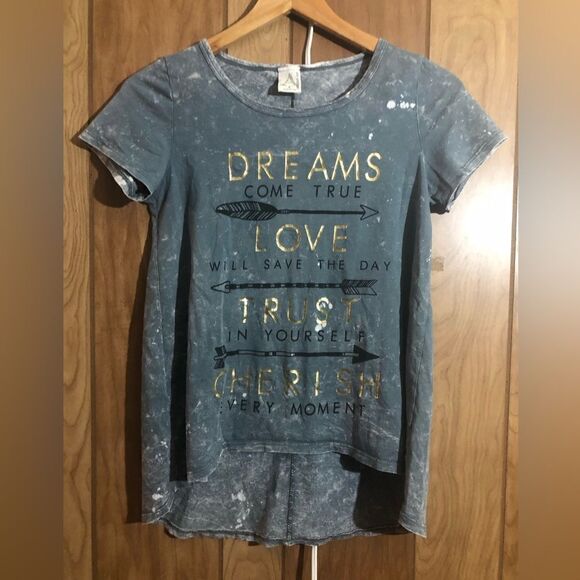 American Age juniors tshirt. Size Small. Blue splatter print. Graphic - Picture 1 of 3